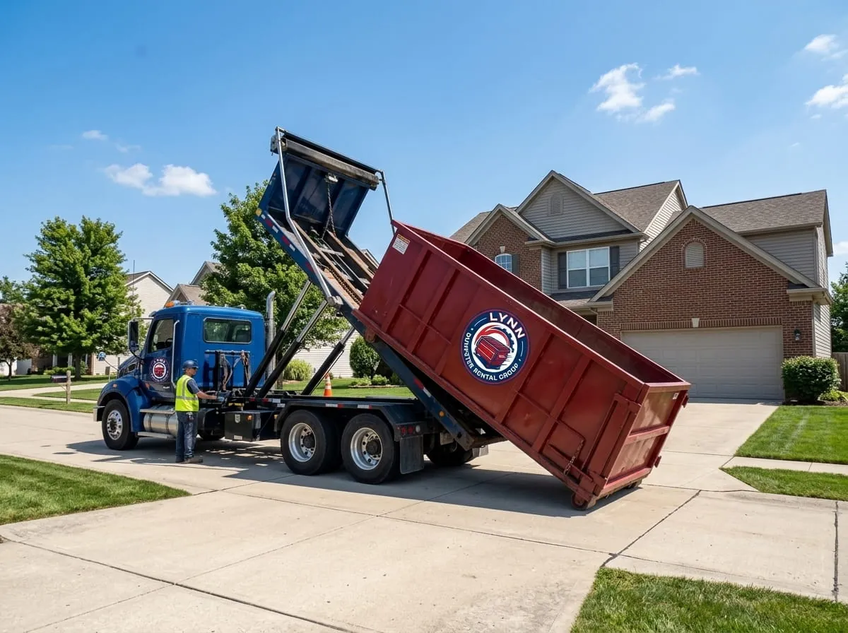 Lynn Dumpster Rental Group truck delivering a roll-off dumpster to a Lynn MA driveway